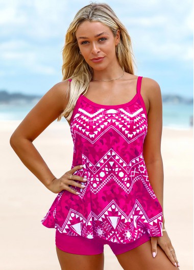 Spaghetti Strap Rose Red Tribal Print Tankini Set