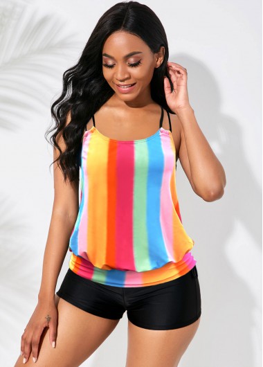 Rainbow Stripe Double Straps Tankini Set