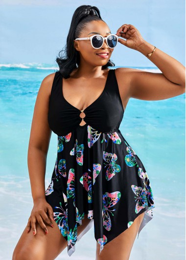 Plus Size Butterfly Print Asymmetric Hem Swimdress and Shorts