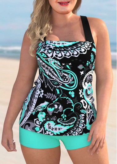 Cross Strap Plus Size Paisley Print Tankini Set