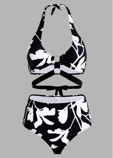 ROTITA Halter Floral Print High Waisted Bikini Set