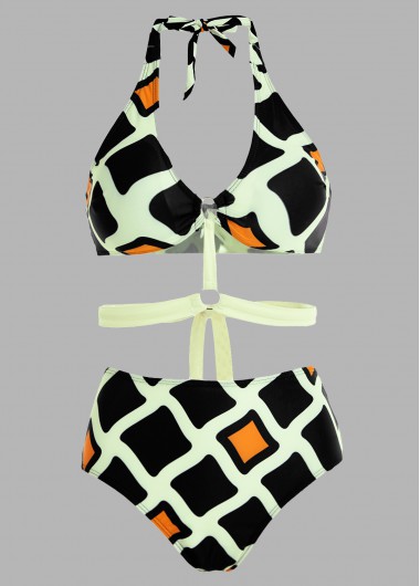 ROTITA High Waisted Geometric Print Halter Bikini Set