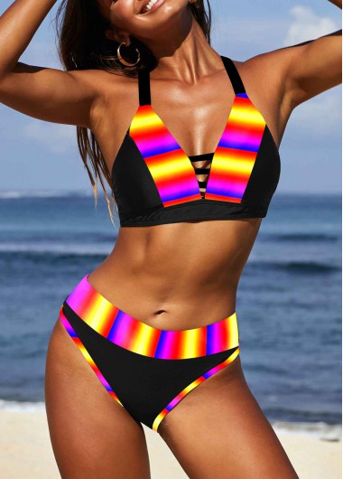 Striped Cross Strap Mid Waist Bikini Set