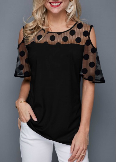 Round Neck Polka Dot Cold Shoulder T Shirt