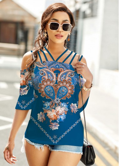 Paisley Print Spaghetti Strap 3/4 Sleeve T Shirt