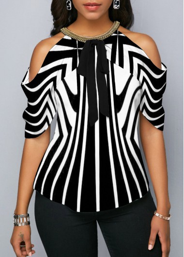 Embellished Neck Cold Shoulder Striped Blouse