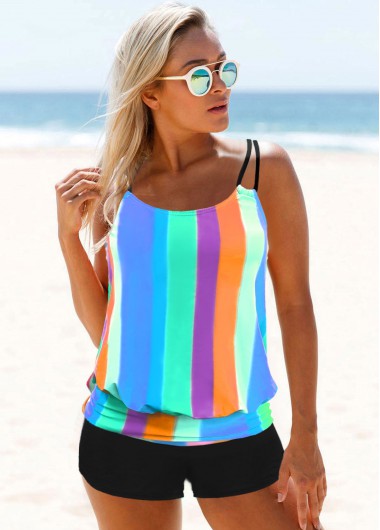 Rainbow Stripe Double Straps Tankini Set