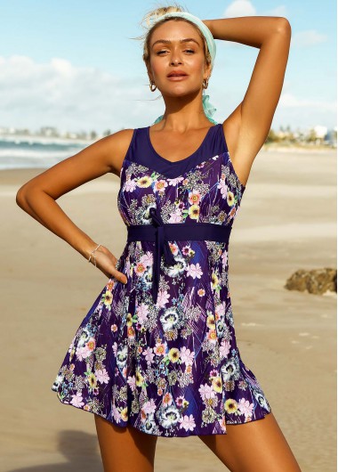 Floral Print Wide Strap Tie Front Swimdress and Shorts