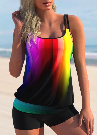 Double Straps Rainbow Color Ombre Tankini Set