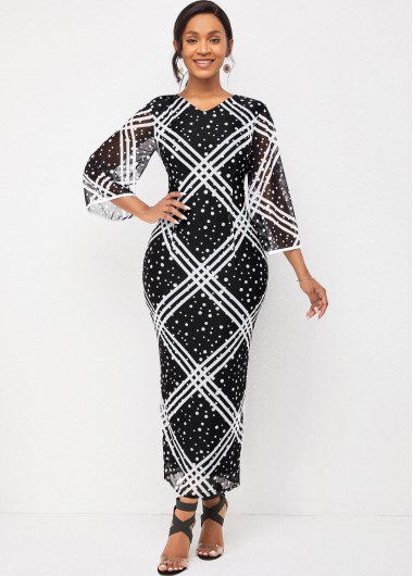 Flare Sleeve V Neck Striped and Polka Dot Dress
