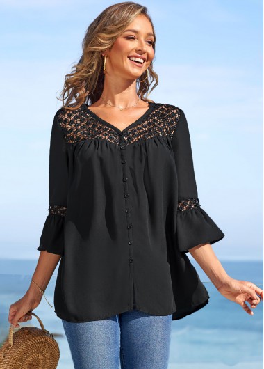 Solid Lace Stitching Flare Sleeve Blouse