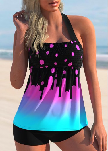 Geometric Print Ombre Halter Tankini Set