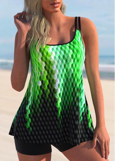 Double Straps Geometric Print Ombre Tankini Set