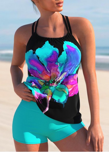 Cross Strap Floral Print Halter Tankini Set