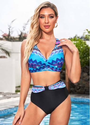 ROTITA High Waisted Front Cross Tribal Print Bikini Set