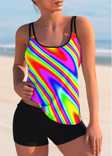 Printed Mid Waist Rainbow Color Tankini Set
