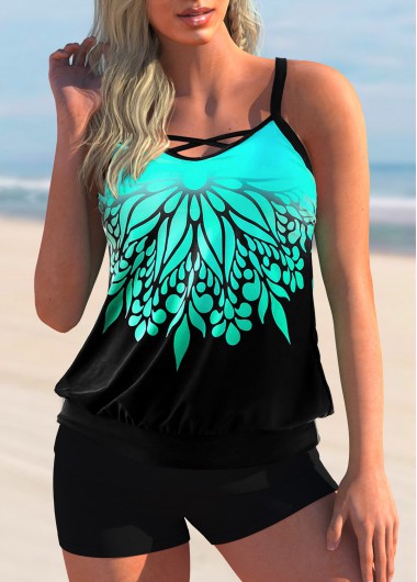 Cross Strap Floral Print Ombre Tankini Set