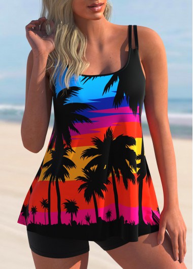 Scape Print Double Straps Colorful Tankini Set