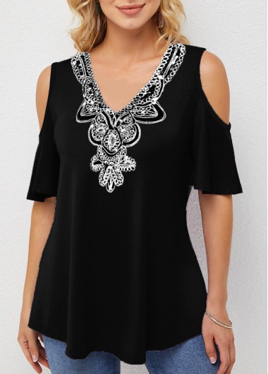 ROTITA Embellished Neck Half Sleeve Cold Shoulder T Shirt