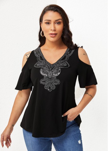 Embellished Neck Cold Shoulder Half Sleeve T Shirt