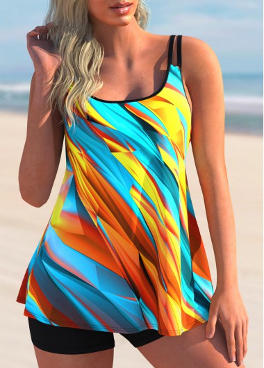 ROTITA Contrast Binding Multi Color Dazzle Colorful Print Tankini Set