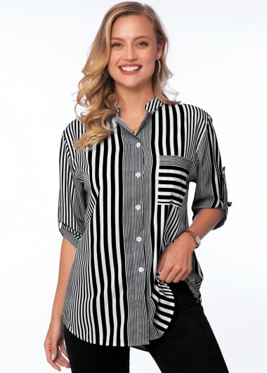 Striped Pocket Turndown Collar 3/4 Sleeve Blouse