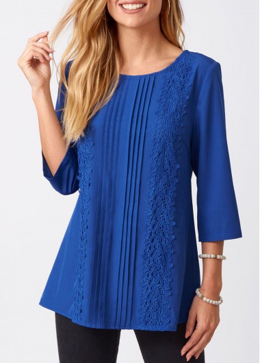 Solid Lace Stitching Crinkle Chest Round Neck Blouse