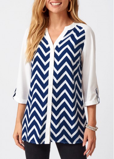 ROTITA Chevron Print Split Neck Three Quarters Sleeve Blouse