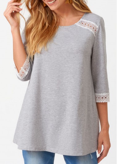 Three Quarters Sleeve Lace Patchwork Round Neck T Shirt