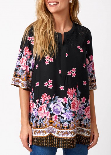 Floral Print Lace Stitching Split Neck Blouse