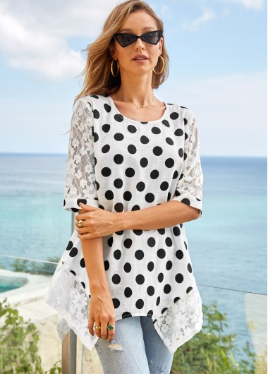 ROTITA Polka Dot Lace Stitching 3/4 Sleeve T Shirt