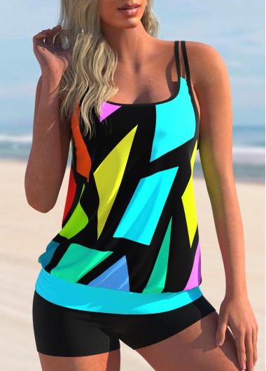 Double Straps Colorful Geometric Print Tankini Set