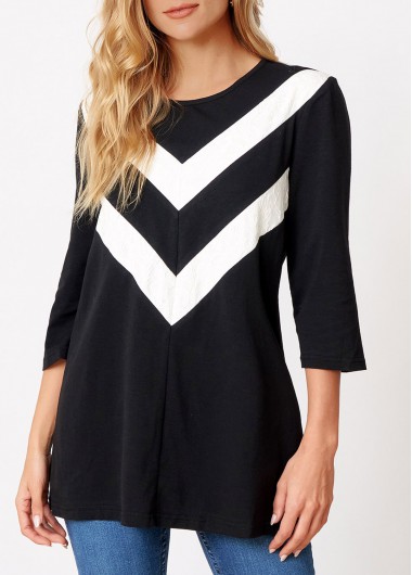 ROTITA Round Neck Chevron Print 3/4 Sleeve T Shirt