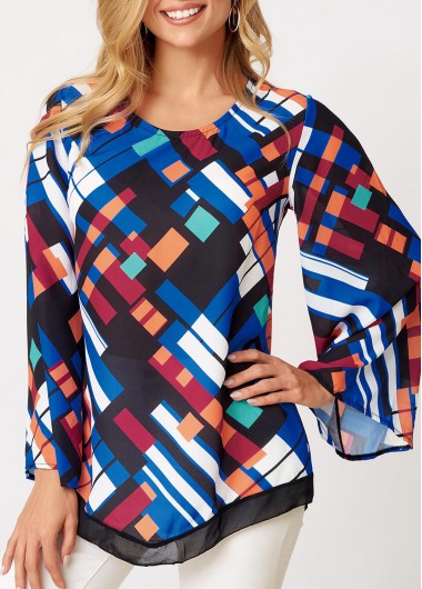 Round Neck Geometric Print Long Sleeve T Shirt