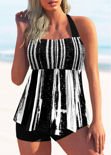 Smocked Color Block Halter Tankini Set