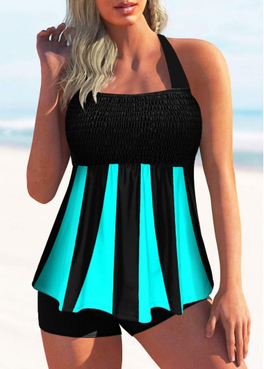 Tie Back Smocked Halter Printed Tankini Set