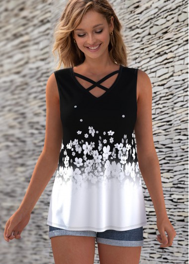 Ombre Cross Strap Floral Print Tank Top