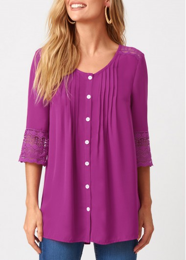 ROTITA Solid Crinkle Chest Lace Patchwork Blouse