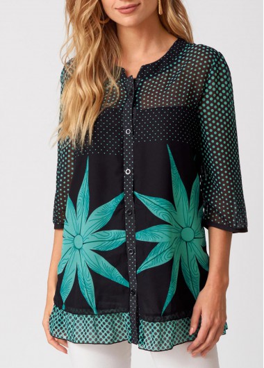 ROTITA Button Up Polka Dot 3/4 Sleeve Blouse