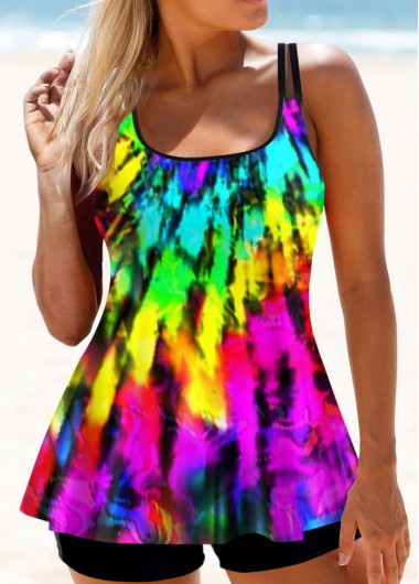 Multi Color Spaghetti Strap Printed Tankini Set