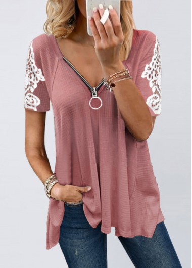 Lace Stitching Short Sleeve V Neck T Shirt