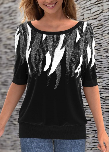 Geometric Print 3/4 Sleeve Round Neck T Shirt
