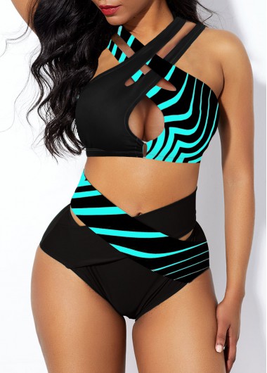 High Waist Striped Cross Strap Bikini Set