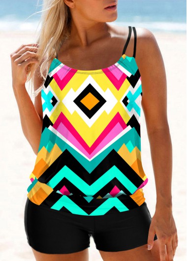 Wide Strap Geometric Print Multi Color Tankini Set
