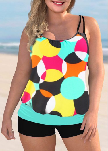 Double Straps Plus Size Geometric Print Tankini Set
