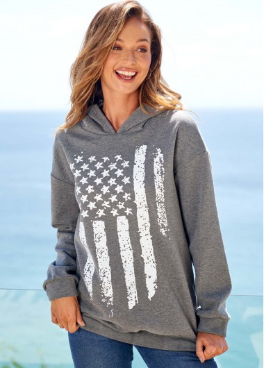 Grey American Flag Print Long Sleeve Hoodie