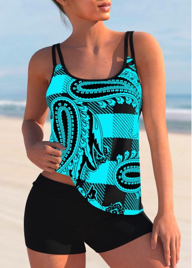 ROTITA Plaid Paisley Print Double Straps Mid Waist Tankini Set