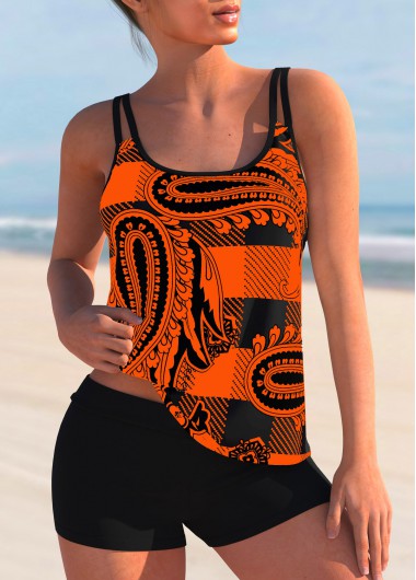 ROTITA Plaid Paisley Print Double Straps Mid Waist Tankini Set