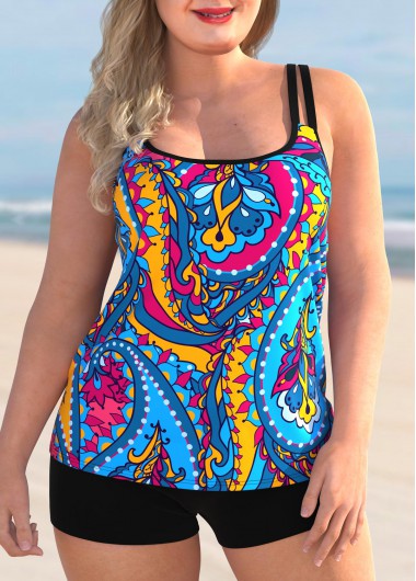 Double Straps Plus Size Paisley Print Tankini Set