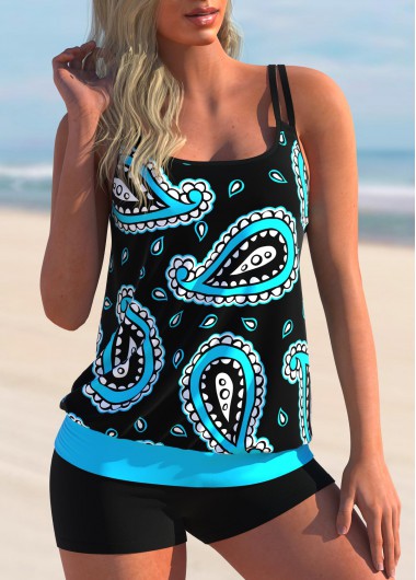 Cyan Cashews Print Wide Strap Tankini Set